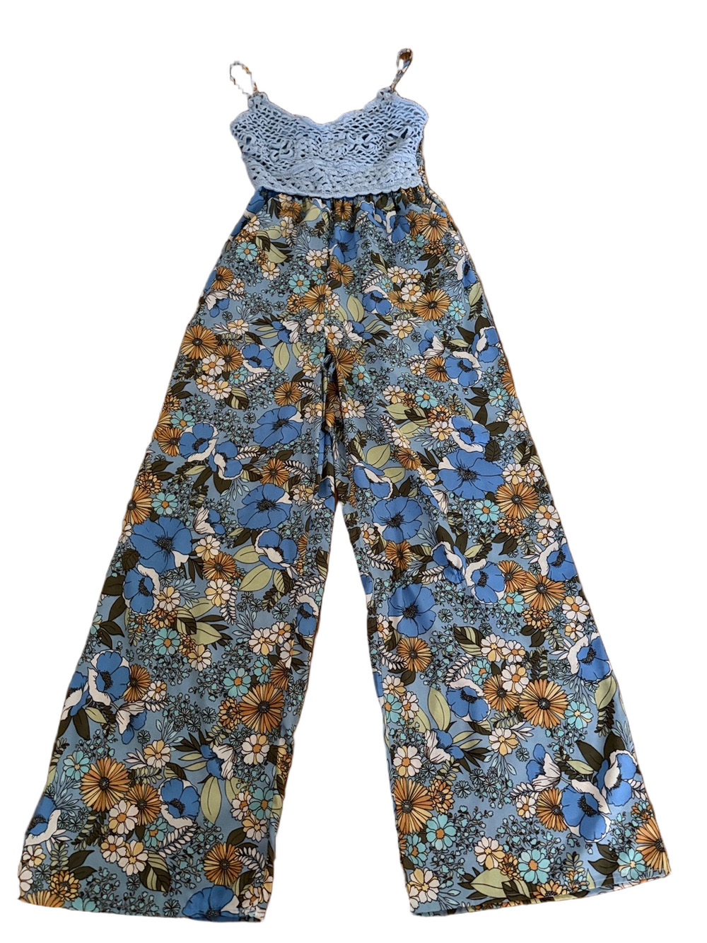 BOG Collective Jumpsuit Crochet Top Floral Blue Yellow Hippie Flower Child M